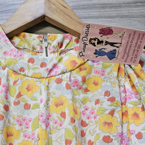 Pinup Dresses Vintage 50s 60s Colorful Chiffon Foral Dead-Stock Fabric Dress - Picture 8 of 12